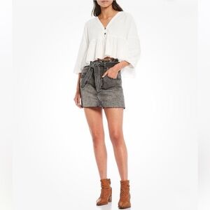 NWT Free People 'East of Eden' Belted Denim Mini Skirt in Washed Black size 25